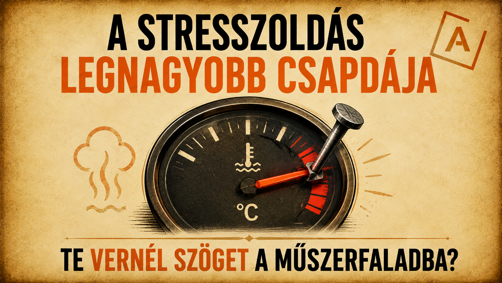 A stresszoldás csapdája: egy autós műszerfal hőfokmutatója, amely elé egy szöget vertek a piros zónánál. A felirat: Te vernél szöget a műszerfaladba?